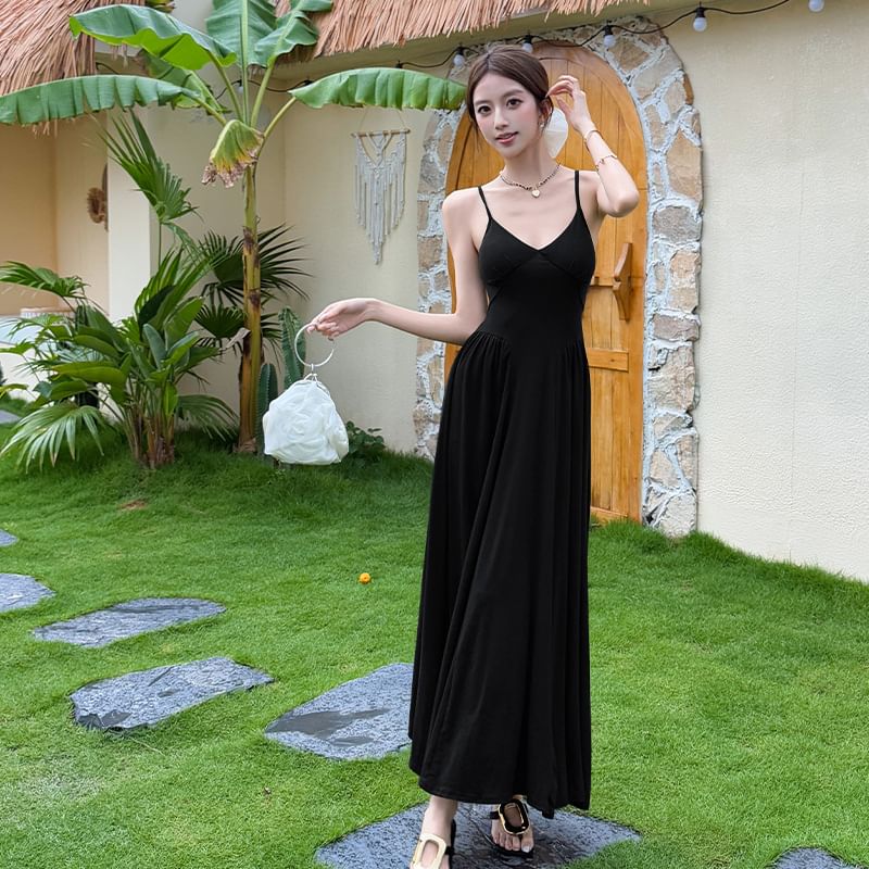 Spaghetti Strap V-Neck A-Line Maxi Dress - Altfashion Shop