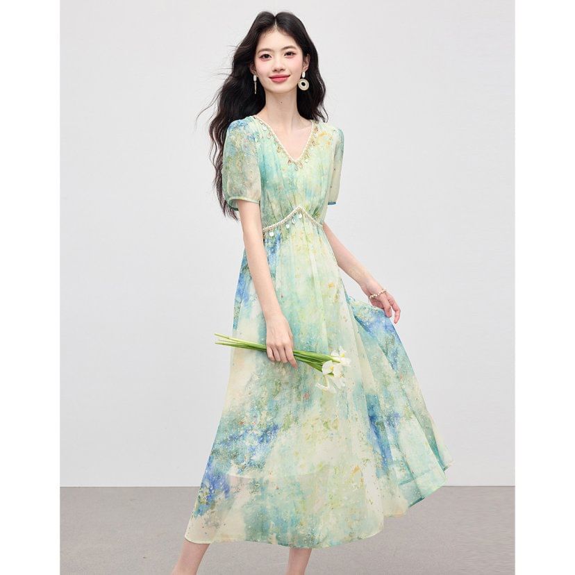 Tie-Dye Short-Sleeve V-Neck Maxi Dress - Altfashion Shop