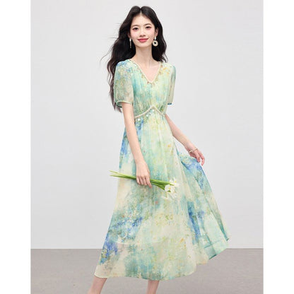 Tie-Dye Short-Sleeve V-Neck Maxi Dress - Altfashion Shop