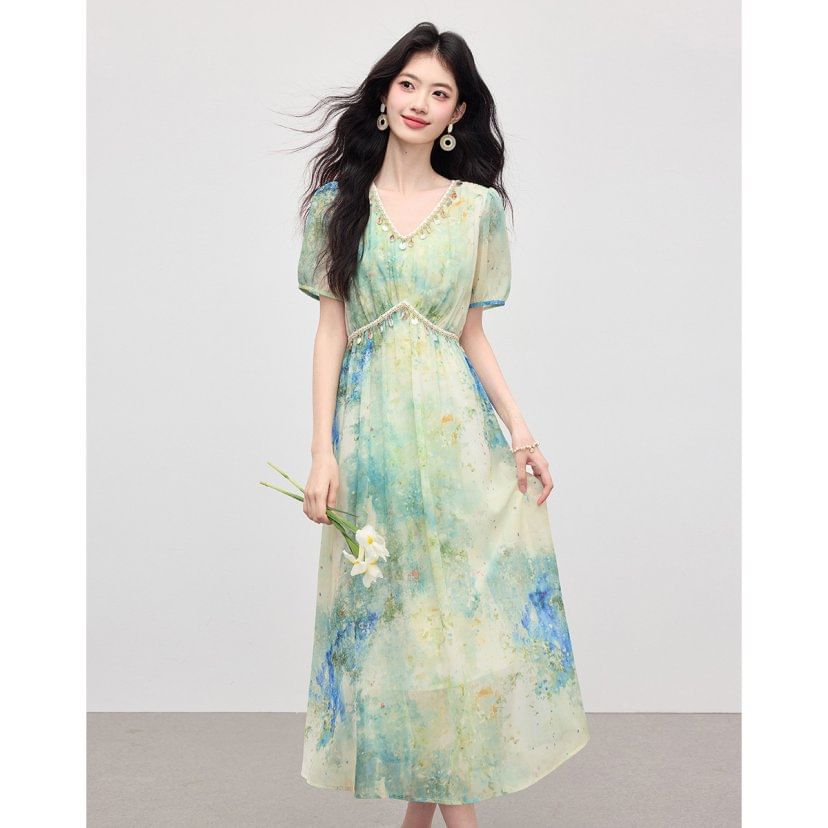 Tie-Dye Short-Sleeve V-Neck Maxi Dress - Altfashion Shop
