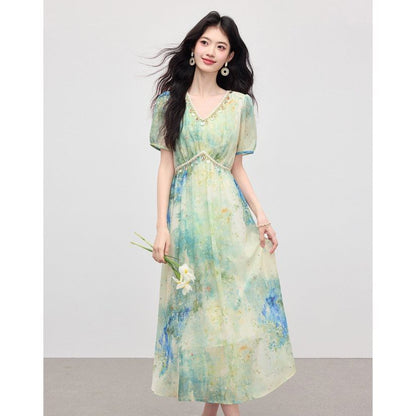 Tie-Dye Short-Sleeve V-Neck Maxi Dress - Altfashion Shop