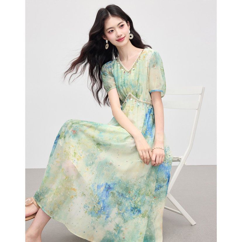 Tie-Dye Short-Sleeve V-Neck Maxi Dress - Altfashion Shop