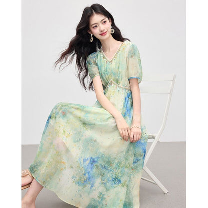Tie-Dye Short-Sleeve V-Neck Maxi Dress - Altfashion Shop