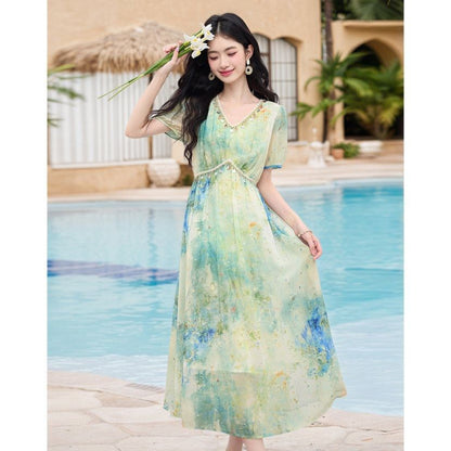 Tie-Dye Short-Sleeve V-Neck Maxi Dress - Altfashion Shop