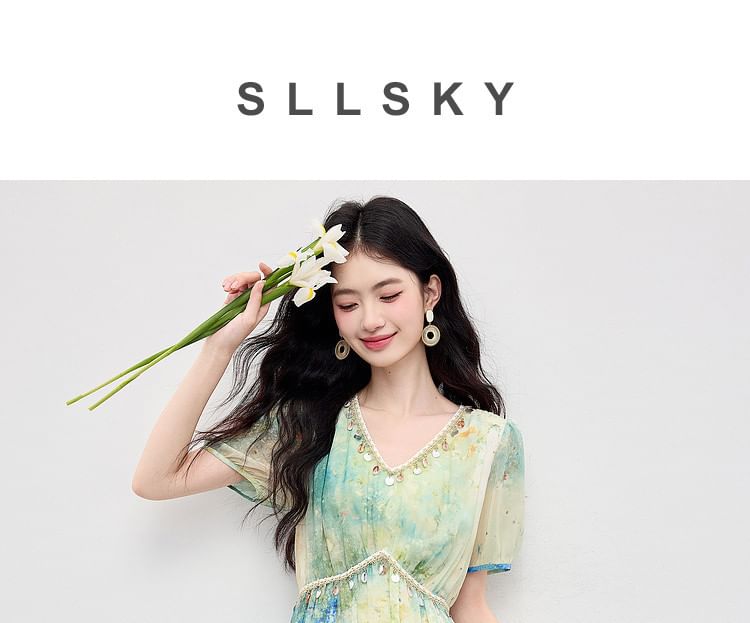 Tie-Dye Short-Sleeve V-Neck Maxi Dress - Altfashion Shop