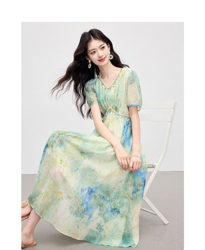 Tie-Dye Short-Sleeve V-Neck Maxi Dress - Altfashion Shop