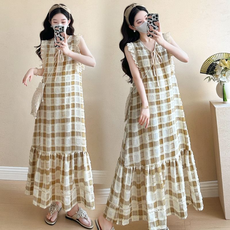 Maternity V-Neck Plaid Ruffle A-Line Dress - Altfashion Shop