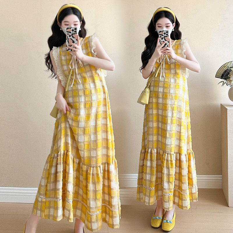 Maternity V-Neck Plaid Ruffle A-Line Dress - Altfashion Shop