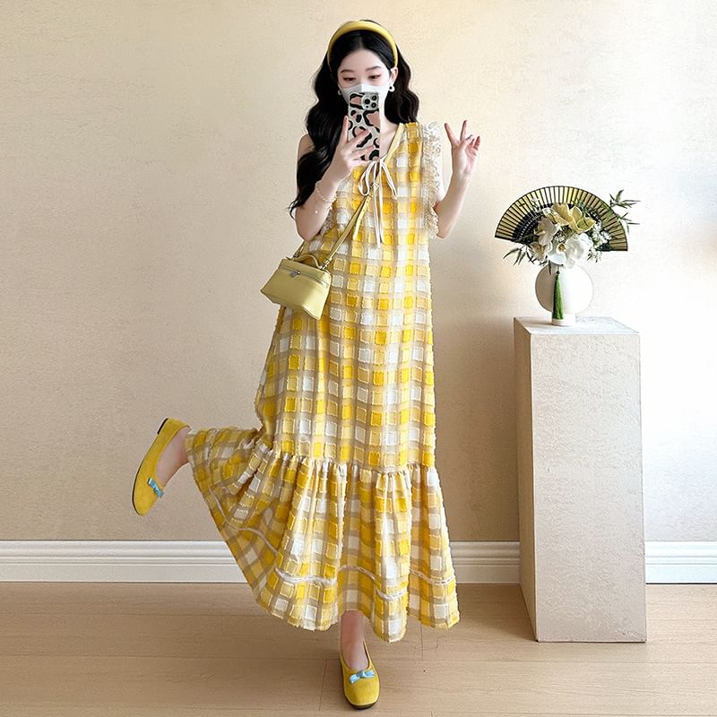 Maternity V-Neck Plaid Ruffle A-Line Dress - Altfashion Shop