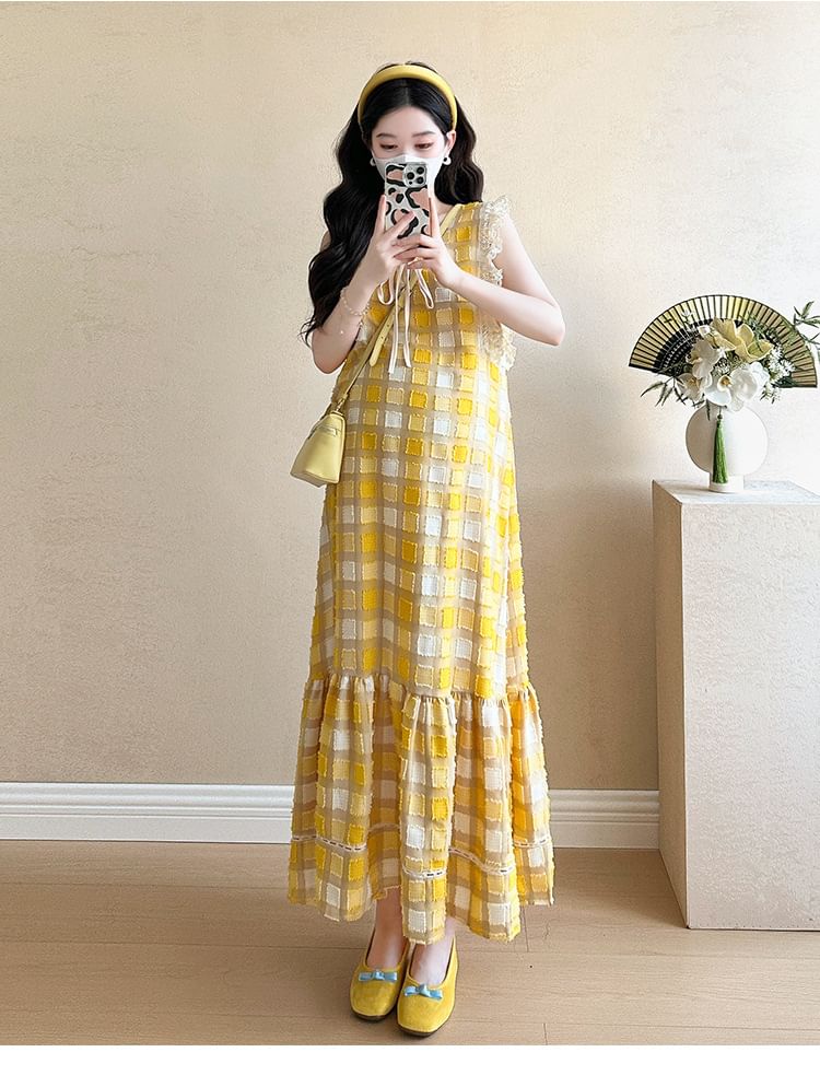 Maternity V-Neck Plaid Ruffle A-Line Dress - Altfashion Shop