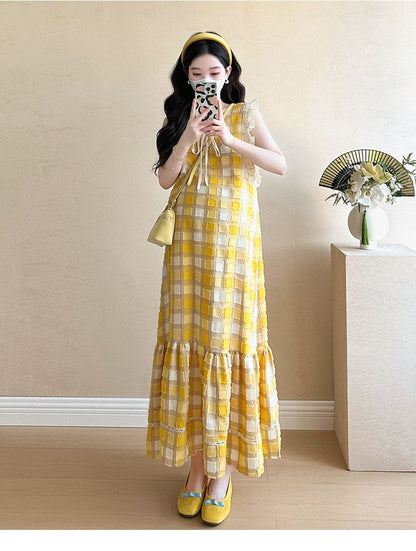 Maternity V-Neck Plaid Ruffle A-Line Dress - Altfashion Shop
