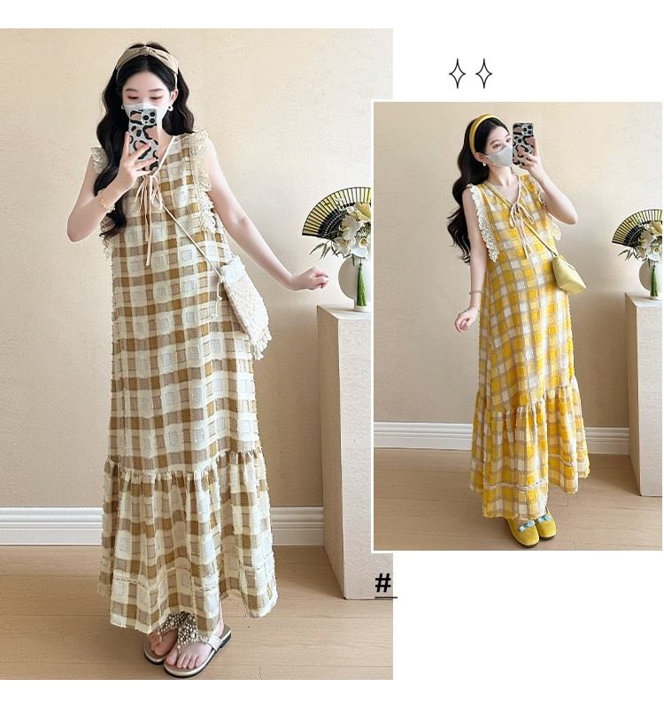 Maternity V-Neck Plaid Ruffle A-Line Dress - Altfashion Shop
