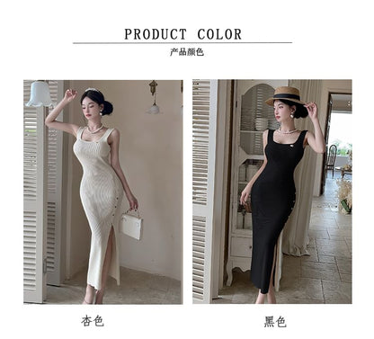 Square Neck Ribbed Knit Button Slit Dress - Altfashion Shop
