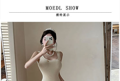 Square Neck Ribbed Knit Button Slit Dress - Altfashion Shop