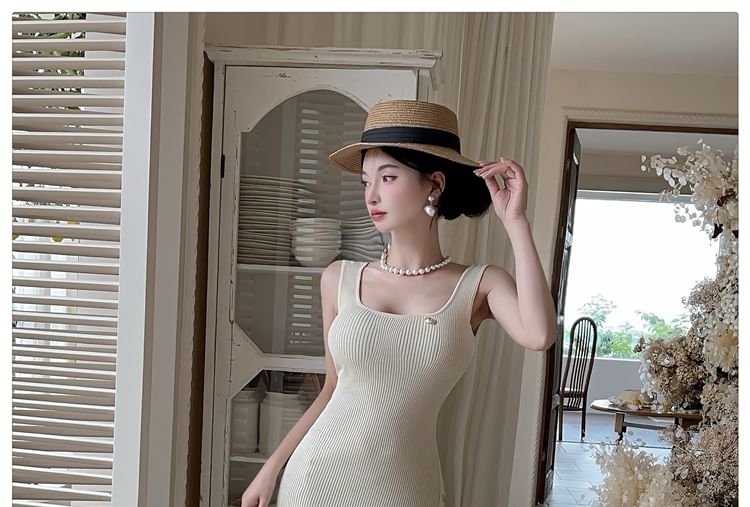 Square Neck Ribbed Knit Button Slit Dress - Altfashion Shop