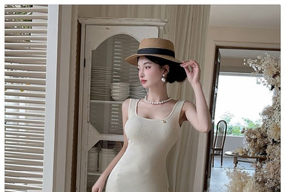 Square Neck Ribbed Knit Button Slit Dress - Altfashion Shop