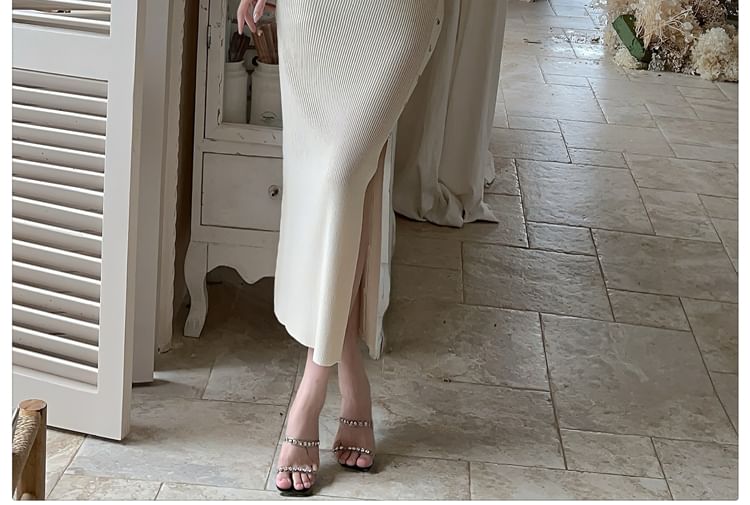 Square Neck Ribbed Knit Button Slit Dress - Altfashion Shop
