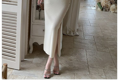Square Neck Ribbed Knit Button Slit Dress - Altfashion Shop