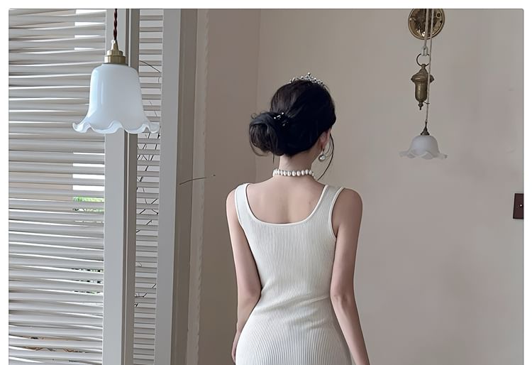 Square Neck Ribbed Knit Button Slit Dress - Altfashion Shop