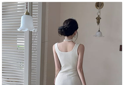 Square Neck Ribbed Knit Button Slit Dress - Altfashion Shop