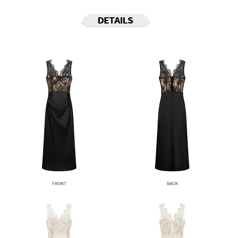 Lace Panel Satin V-Neck Sheath Dress - Altfashion Shop