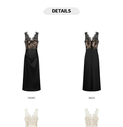 Lace Panel Satin V-Neck Sheath Dress - Altfashion Shop