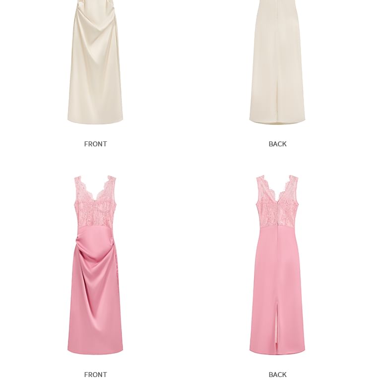 Lace Panel Satin V-Neck Sheath Dress - Altfashion Shop