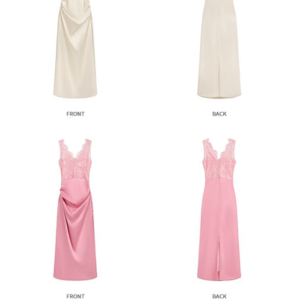 Lace Panel Satin V-Neck Sheath Dress - Altfashion Shop