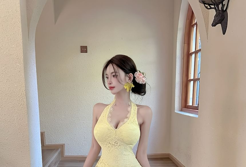 Halter Ruffle Asymmetrical Lace Sheath Dress - Altfashion Shop