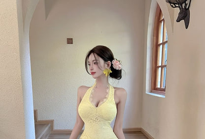 Halter Ruffle Asymmetrical Lace Sheath Dress - Altfashion Shop