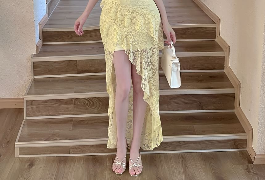 Halter Ruffle Asymmetrical Lace Sheath Dress - Altfashion Shop