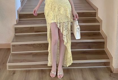 Halter Ruffle Asymmetrical Lace Sheath Dress - Altfashion Shop