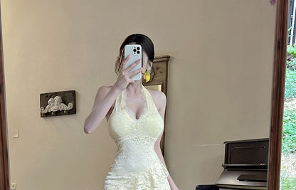 Halter Ruffle Asymmetrical Lace Sheath Dress - Altfashion Shop