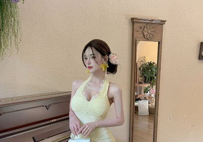 Halter Ruffle Asymmetrical Lace Sheath Dress - Altfashion Shop