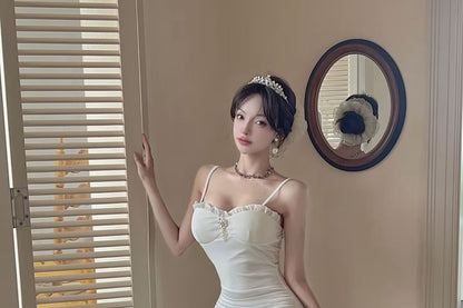 Rhinestone Frill Mesh Spaghetti Strap Dress - Altfashion Shop