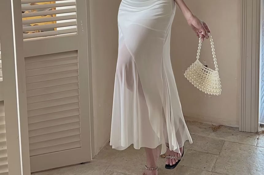 Rhinestone Frill Mesh Spaghetti Strap Dress - Altfashion Shop