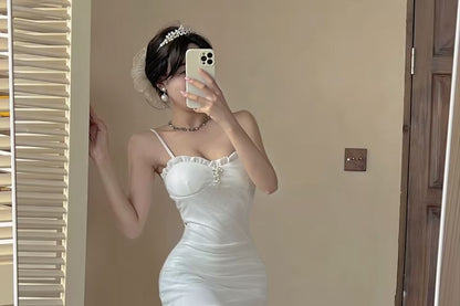 Rhinestone Frill Mesh Spaghetti Strap Dress - Altfashion Shop