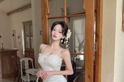 Rhinestone Frill Mesh Spaghetti Strap Dress - Altfashion Shop
