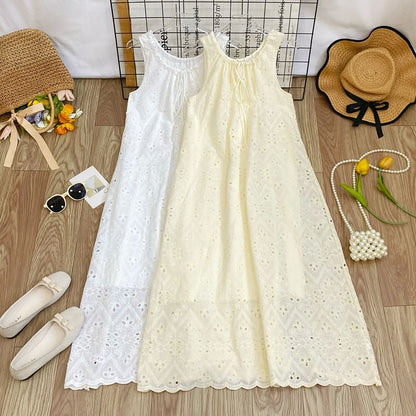 Perforated Crew Neck Sleeveless A-Line Dress - Altfashion Shop