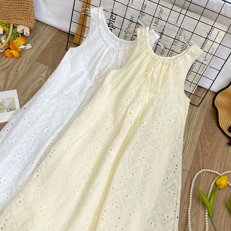 Perforated Crew Neck Sleeveless A-Line Dress - Altfashion Shop