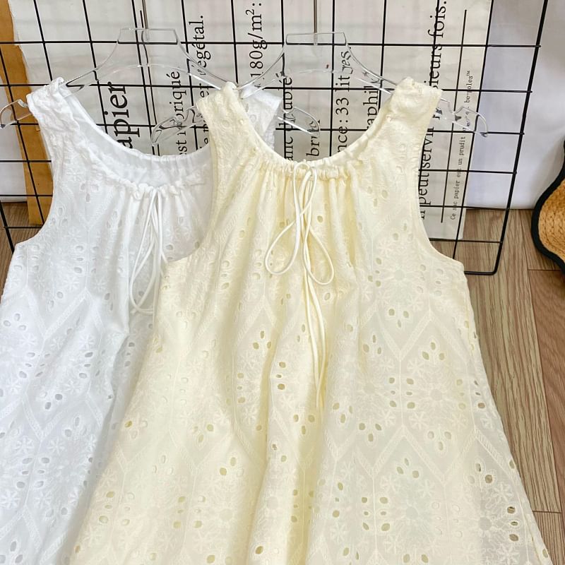 Perforated Crew Neck Sleeveless A-Line Dress - Altfashion Shop