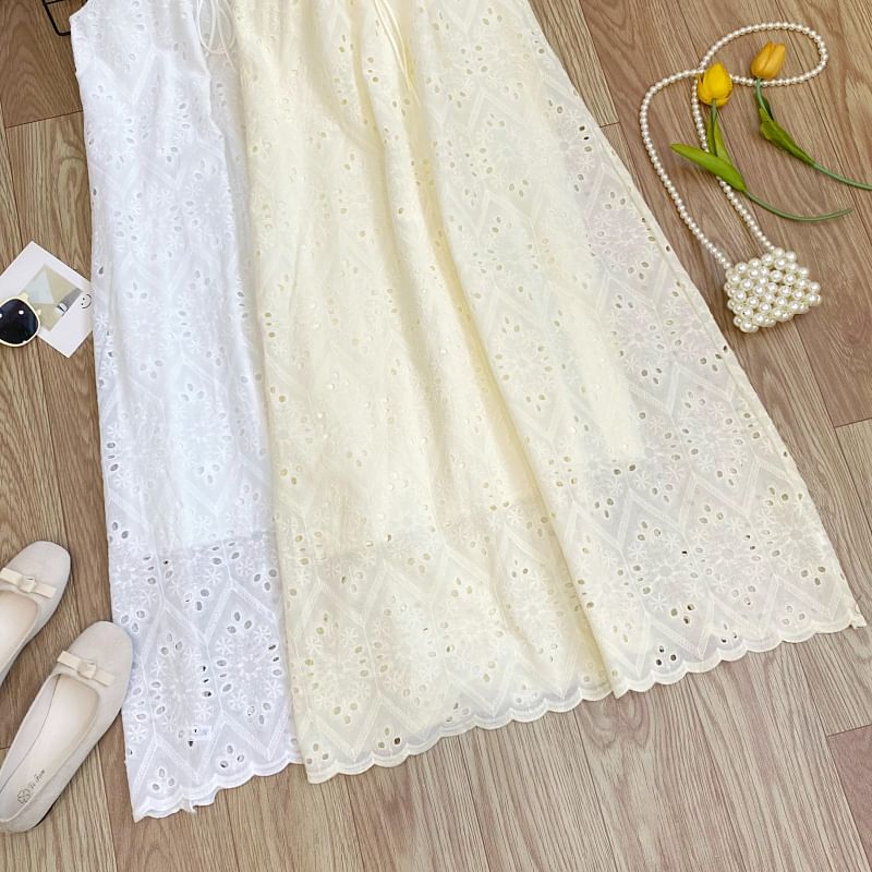 Perforated Crew Neck Sleeveless A-Line Dress - Altfashion Shop