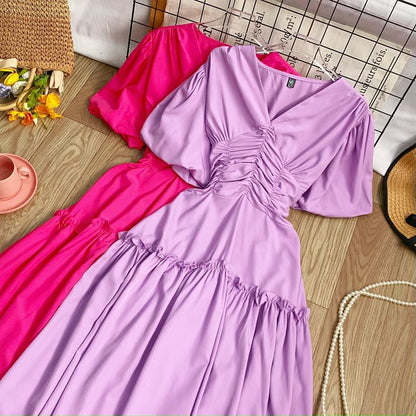 V-Neck Cinched Short-Sleeve A-Line Dress - Altfashion Shop