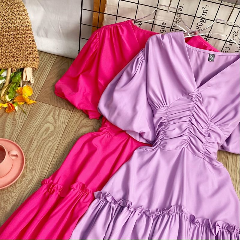 V-Neck Cinched Short-Sleeve A-Line Dress - Altfashion Shop