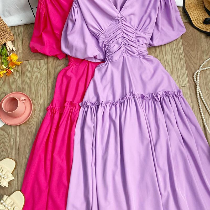 V-Neck Cinched Short-Sleeve A-Line Dress - Altfashion Shop
