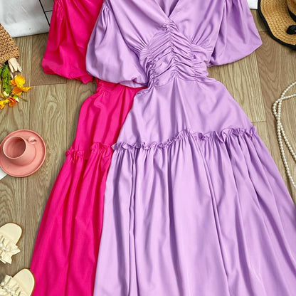 V-Neck Cinched Short-Sleeve A-Line Dress - Altfashion Shop