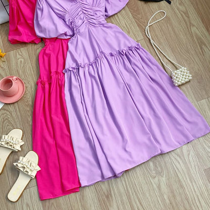 V-Neck Cinched Short-Sleeve A-Line Dress - Altfashion Shop