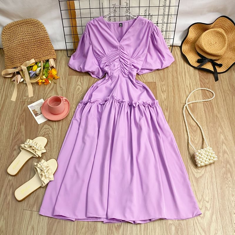 V-Neck Cinched Short-Sleeve A-Line Dress - Altfashion Shop