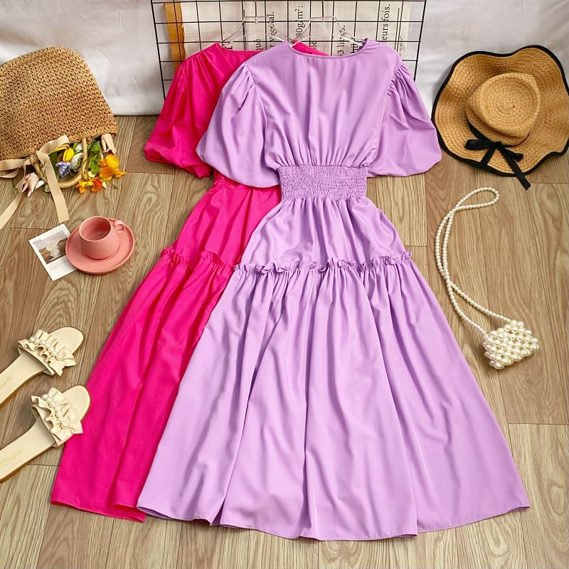 V-Neck Cinched Short-Sleeve A-Line Dress - Altfashion Shop