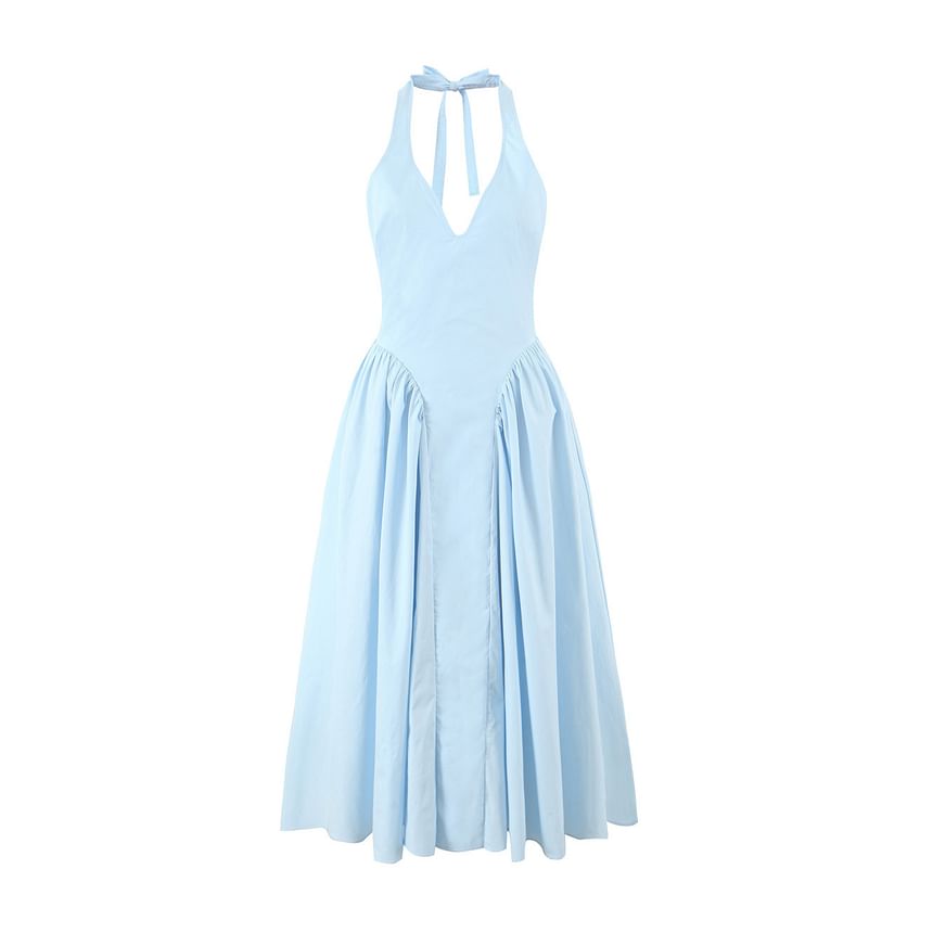 Ruched Open Back Halter V-Neck A-Line Dress - Altfashion Shop